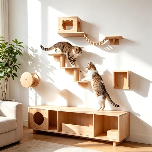 Estantes de Pared para Gatos 5 en 1 con Puente, Cueva, Escalera hasta 15kg | Estanterías para Gatos con Plataformas, Poste de Escalada y Rascador, Espacio Vertical con Zonas de Descanso y Áreas de Juego