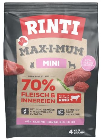 RINTI - Max-i-Mum Mini | Trockenfutter für kleine, ausgewachsene Hunde mit 70% Fleisch & Innereien. Getreidefreies Alleinfutter mit ausgewogenem Protein-/Fett-Verhältnis | 2x4kg Rind