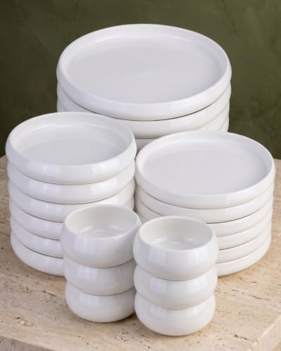 BAVARY Chubby 24-teiliges Porzellan Geschirrset Weiß – Tafelservice & Essservice für 6 Personen, Teller- und Schalen-Set, organisch-rundes Dinner Set, spülmaschinen- & mikrowellengeeignet