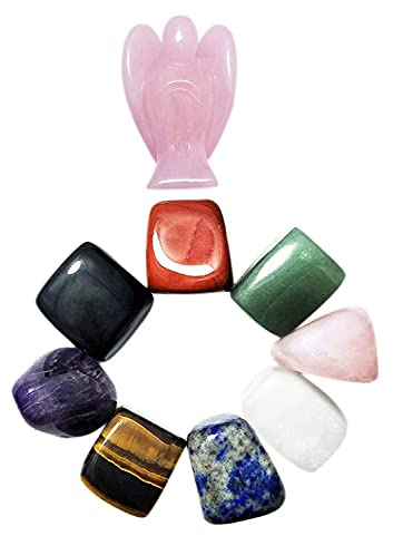 Natural Healing Crystal Chakra Stones for Crystal Therapy, Chakra Healing, Meditation, Worry Stones, Relaxation, Decor. (Set of Rose Angel & Chakra Stones)