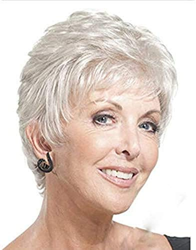 MSKAY-COSPLAY Alte Mittelalter Frauen Kurze Silber Perücke Grau Synthetische Faser Flauschige Haar Perücken für Mutter Großmutter Großmutter Königin mit Komfort Breathable Cap