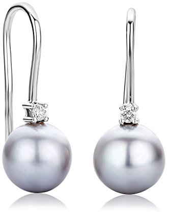 Orovi Schmuck Damen goldene Perlen Ohrhänger mit graue Süßwasserzuchtperlen und 2 natürlichen Diamanten im Brillantschliff 0.06CT Zeitlose klassische Durchzieher Ohrringe Weißgold 18 Karat (750) Gold