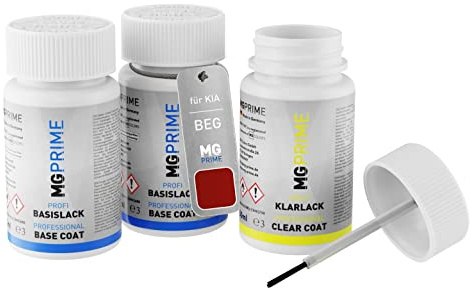MG PRIME Autolack Lackstifte für KIA BEG Signal Red Metallic + Klarlack | Signalrot Metallic, Set aus Grundlack + Basislack + Klarlack, Lackfläschchen mit Pinsel, je 50ml