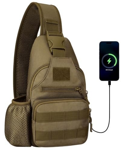 HUNTVP Bandoulière Sac Épaule Poitrine Tactique avec USB Charge Port, Sac Cyclisme Randonnée Sac À Dos,Sacoche Homme Bandoulier Molle pour Voyage Business Camping Scolaire Cyclisme,Marron