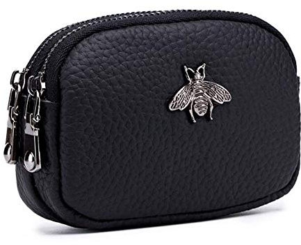 AprinCtempsD Porte-Monnaie Petit en Cuir Véritable Portefeuille Mini Zippé Porte-Cartes avec Double Zip pour Femme Fille (Noir)