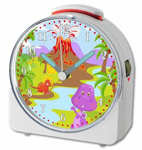 CreaDesign, WU-71-1122, Dino, analog Kinderwecker weiß, Funkwecker mit Sweep-Uhrwerk und fluoreszierenden Zeiger und Licht, personlisiert mit Namen, 10,2 x 4,6 x 11 cm