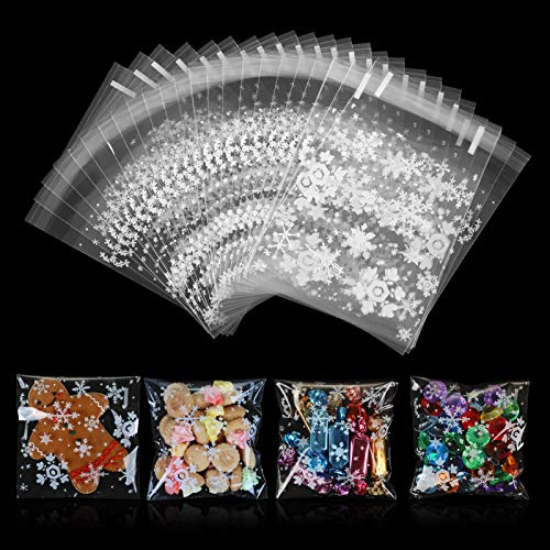 GWHOLE 100 Stück Cellophantüten Klein Schneeflocken Selbstklebend 10 x 10 cm Klarsicht für Weihnachten Gebäcke Süßigkeiten