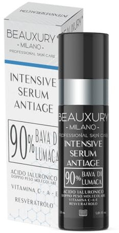 Beauxury Milano Ultra-Lifting-Serum - Vegane Antiaging-Gesichtscreme mit 90% Bio-Schneckenschleim, Hyaluron, Resveratrol, Vitamin A, C & E - Feuchtigkeitscreme gegen Falten, Augenringe - 30 ml