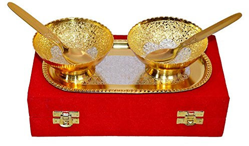 DBY Silver and Golden Color Plated Brass 2 Bowl 2 Spoon and 1 Tray Set Tray Sweet Mukhwas Supari Candy Chocolate Box Multipurpose Dry Fruit set Serving Tray