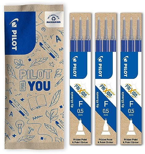 PILOT FriXion Ersatzminen 0.5 – 9 Stück – Farbe Blau – FriXion Nachfüllminen mit radierbarer Tinte – Kompatibel mit FriXion Point & FriXion Point Clicker 0.5 – feine Stärke – Gel-Tintenrollermine