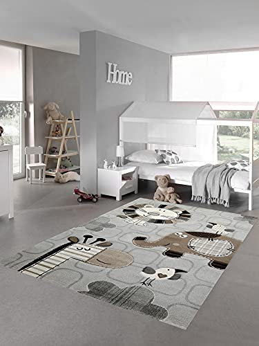 Kinderzimmer Teppich Spielteppich Zootiere Löwe Elefant Vögel Giraffe grau braun Creme, Größe 120 cm rund