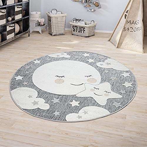 Paco Home Kinderteppich Kinderzimmer Outdoorteppich Rund Spielteppich 3D Effekt Mond Grau, Grösse:Ø 120 cm Rund