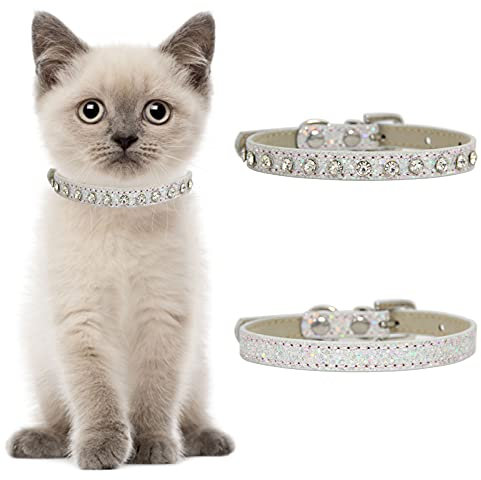 HACRAHO Leder-Strass-Katzenhalsband, 2 Stück, glitzernd, Strass-Halsband, Sicherheit, verstellbar, glitzernd, klassisches Haustierhalsband für kleine Hunde und Katzen, Silber