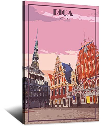 Riga Lettland Vintage Reiseposter Gebäude Dekorative Poster Modern Schlafzimmer Leinwand Kunst Poster Bild Gemälde Poster Wanddeko Kunst Geschenk