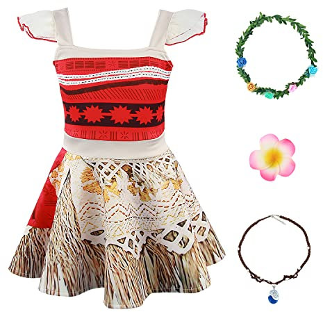 M MUNCASO Mädchen Moana Kostüm Fancy Dress Up Prinzessin Party Kleid Mädchen Abenteuer Outfit Kleidung Kinder Geburtstag Urlaub Halloween Cosplay Fancy Clothing Set (Red#1, 100)