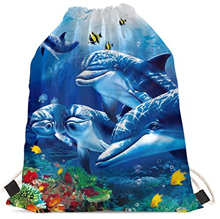 HELLHERO Turnbeutel mit Kordelzug, Rucksack für Kinder, Damen, Herren, Reisen, Sport, Delfin, One size