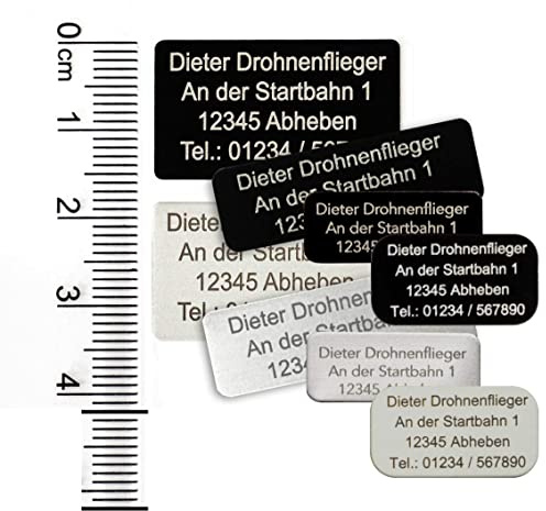 MJ Drohnen-Kennzeichen Sets, 3er, 5er oder 10er, Mit Kontaktdaten und/oder Seit 2021 Geforderte E-ID, Alu Eloxierte Plakette - Selbstklebend (5er, Aluminium Natur 28x16mm)