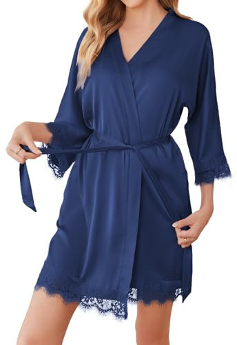 Balancora Sexy Kimono Damen Morgenmantel Satin Spitze Bademantel Dünn Sauna Schnelles Trocknen Hausmantel Navyblau, XS
