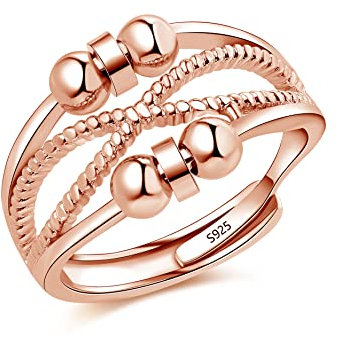 Cangall Silver Anxiety Rings, 925 Sterling Silver Anxiety Fidget Ring, Rose Gold Anxiety Rings for Women, Adjustable Open Anti Worry Rings with Beads Spinner Ring for Stress Depression Relief