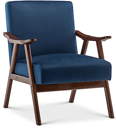 Stunning Chairs Blue Velvet Accent Chair with Wooden Frame – Retro Armchair for Small Spaces, Velvet Armchair for Bedroom, Lounge or Conservatory, Mid-Century Blue Seat