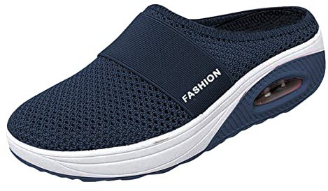 Diabetiker-Slip-On mit Fußgewölbe-Luftunterstützung, gestrickte Wanderschuhe, Outdoor-Kissen, orthopädischer Komfort, lässige Damen-Freizeitschuhe Damen Plateau Schuhe Sommer (Dunkelblau, 37 EU)