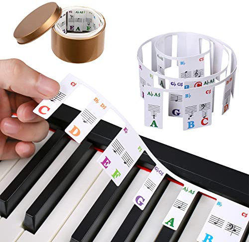 Abnehmbare Klaviertastatur Notenetiketten 88 Tasten in Voller Größe Klavier Keyboard Noten Aufkleber Wiederverwendbare PVC Bunte Klaviertasten-Anleitung mit Box (Regenbogenfarbe)