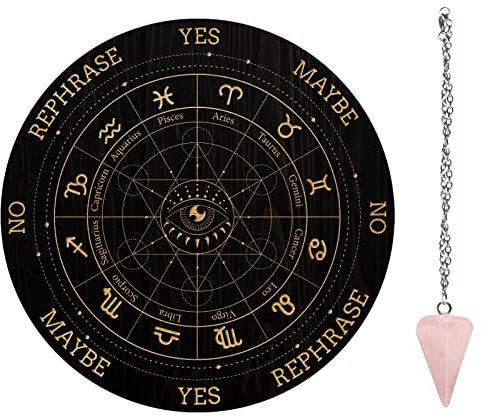 AHANDMAKER Planche de Pendule de sorcière, Métaphysique de Divination Radiesthésie Planche en Bois Sculpté avec Un Cristal Collier Planche à Ronde kit Fournitures D'Autel, Guirlande de libellules