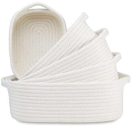 Povxlum 5-Piece Rectangle Storage Basket Set Cotton Rope Woven Baskets for Organizing,Baby Nursery, Dog Toy Baskets White