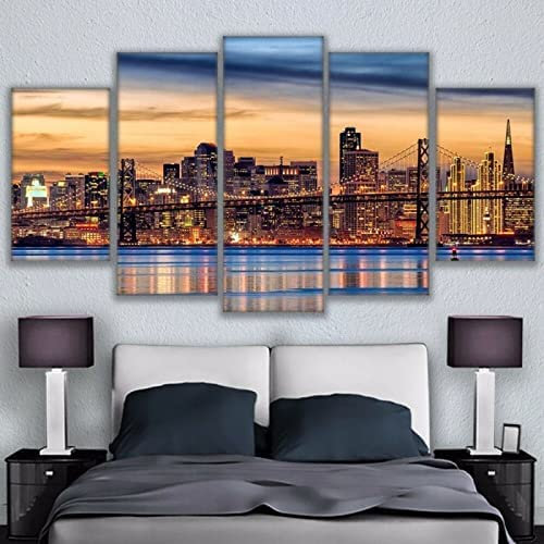 5 Stück Leinwand Poster Wandkunst Innenstadt Von San Francisco Xxl/200 X 100 Cm Wanddekoration Modernes Kunstwerk Gemälde Für Home Office Wohnzimmer Schlafzimmer Für Esszimmer Kinderzimmer Galerie