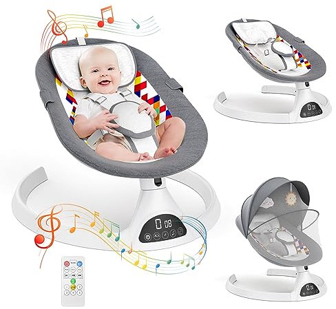Elektrische Babyschaukel,Aomdom Elektrische Babywippe mit Musik 5 Schaukelgeschwindigkeiten Babywippe und Liegestuhl 3 Timer mit Fernbedienung & Bluetooth bis 9 kg Grau