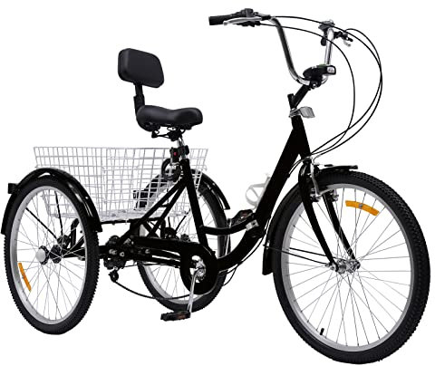 KEESUNG 24 Zoll Dreirad Erwachsene Tricycle, 24 7 Gang Erwachsene Dreirad 3-Räder Fahrrad Schwarz Klappbar Dreirad Erwachsene Tricycle mit Korb, Lampe, RüCkenlehne Und Becherhalter