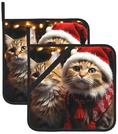 Lot de 2 maniques de cuisine étanches et résistantes à la chaleur avec motif chat de Noël pour la cuisine, la pâtisserie, le barbecue