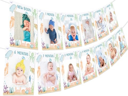 Fangleland Under The Sea 1. Geburtstag Foto Banner Dekorationen für 1 Jahr alte Jungen Mädchen, Ozean Tier Thema Foto Banner von Neugeborenen bis 12 Monate monatlicher Meilenstein erster Geburtstag