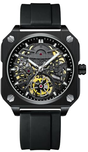 rorios Armbanduhren für Herren Mechanische Automatik Uhr Minimalistisch Skelett Uhr Freizeit Mode Uhr mit Silikon Armband für Männer Schwarz B