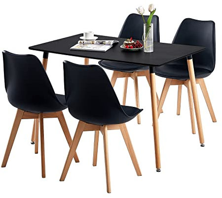 EGGREE Esszimmer-Set, rechteckig, Esstisch mit 4 Stühlen, Küchentisch, Holztisch | schwarzer Tisch + 4 schwarze Stühle