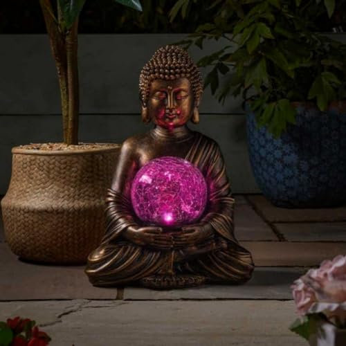Garden Mile Large Solar Buddha Statue Garden Ornaments Outdoor, Bronze Effect Meditating Buddha with Multi Coloured LED Light, Waterproof Resin Zen Decorations