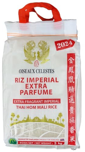 Riz Thai Impérial 2024 Extra Parfumé Qualité Premium 5kg/sac - Expédition depuis France par la Sté Bo Time - Un sachet de chips à la crevette 200g offert par commande (5, Kilogrammes)
