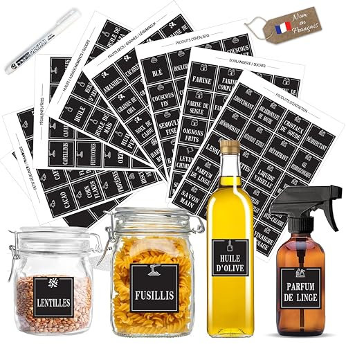 Étiquettes Garde-Manger Français – 160 Stickers Carrés Blancs Autocollants – Bocaux Cuisine & Produits d’Entretien – Marqueur Blanc Inclus