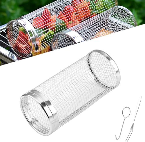 Sherum Rolling Grill Basket, Grill Nets for Outdoor Grill Vegetable, Sherum Barbecue Stainless Steel Wire Mesh Cylinder, Grill Baskets for Outdoor Grill, Veggie Grill Basket (20CM)