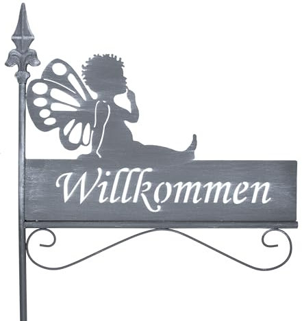 Spetebo Gartenstecker mit Schriftzug 128 x 42 cm - WILLKOMMEN - Deko Beetstecker aus Metall in grau - Frühling Sommer Blumenbeet Metallstecker mit Erdspieß