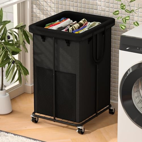 YKDIRECT 150L Große Wäschekörbe, Oxford Stoff Wäschekörbe Kleiderkörbe, Metallrahmen und Abnehmbare Tasche Design mit Rollen, Geeignet für Schlafzimmer, Waschküche (Schwarz mit Tasche)