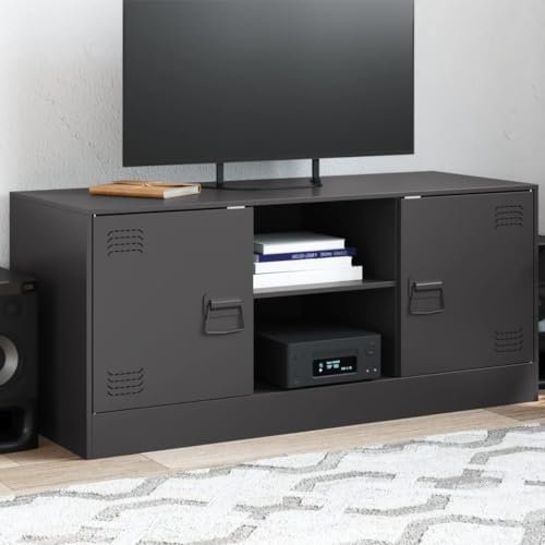 Homgoday Meuble TV pour salon, meuble TV noir 99 x 39 x 44 cm en acier, table pour TV, meuble TV salon, meuble bas pour TV de salon industriel, support TV NN