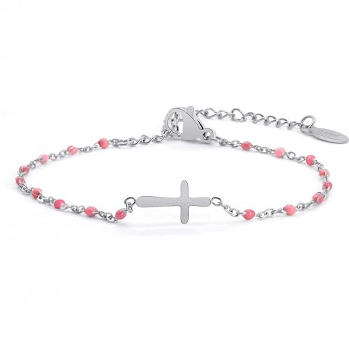 HMOOY Bracelet de croix pour femmes, bracelet religieux réglable en acier inoxydable Bracelet de communion pour Bijoux de couple Cadeaux de confirmation Bracelets de mode (Argent rose)