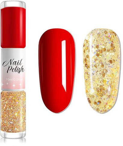 Red & Gold Glitter Nail Polish - 60 Seconds Quick Dry Varnish - 2-in-1 Reflective Laser Shimmer - No Bake No Chip Long Lasting Breathable
