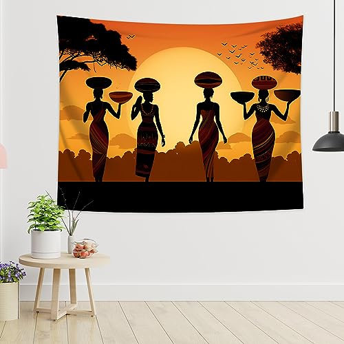 56 Wandtuch Afrikanische Ägyptische Afrikanische Sonnenuntergang Schwarze Mädchen Silhouette Mit Traditioneller Kleidung Wandteppich Decor Tapestry Mehrzweck Wand Dekoration Für 130x152cm
