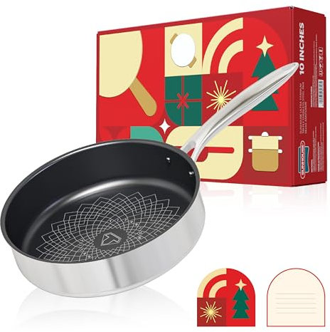 Sunhouse Titanium-Coated Tri-Ply Stainless Steel Pan, 10 inch frying pan, Non-Toxic, PFAS PFOA & PTFE Free, Oven Safe, Compatible with All Cooktops, Perfect Gifts for Mom or Dad, Premium gift box