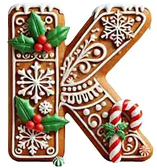26 Lebkuchen-Alphabet-Ornamente für den Weihnachtsbaum, Buchstaben Weihnachtsbaumschmuck Anhänger, Zuckerstangen-Anhänger mit Anfangsbuchstaben und Beerenmuster (K)