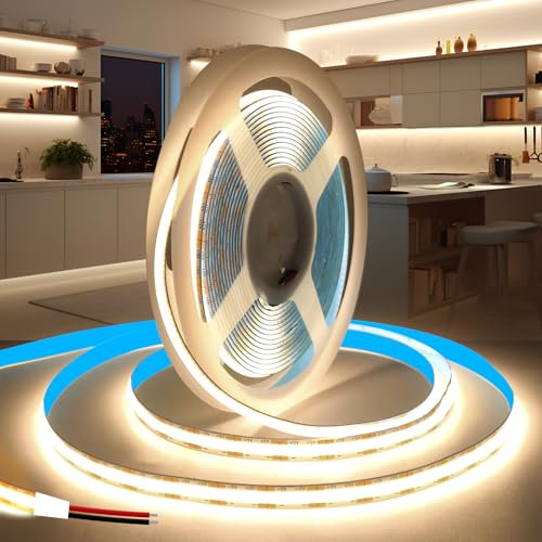 KSIBNW 24V COB LED Strip 5M/16.4ft, Natural White 4000K Led Strip Lights 8mm Width LED Tape Lights Flexible CRI90+ Uniform Dotless for Bedroom Cabinet Kitchen Decoration (No Power Supply)
