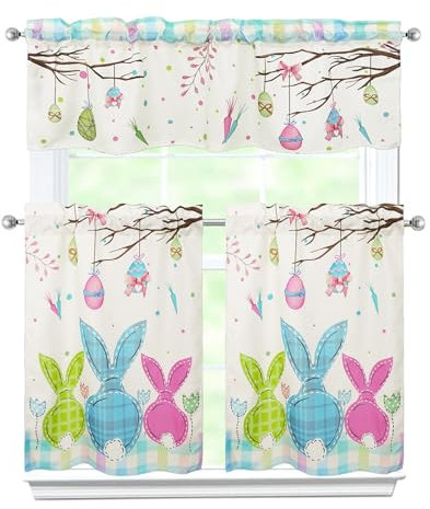 Zifmrtrwn Oster-Küchenvorhänge, 3-teiliges Set, Frühlingshasen-Vorhänge, Kaninchen, Volant und Ebenen für Küche, Zuhause, Café, Innenbereich, 91,4 cm, kurzer Fenstervorhang über Spüle, Fenster,