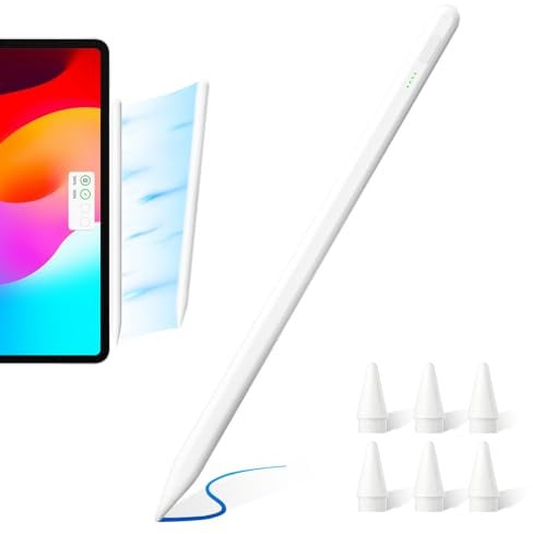 Stylus Pen for iPad (2018-2025) with Tilt & Pressure Sensitivity, Palm Rejection, 6 Tips, Fast Charging, Compatible with iPad 6-10, Mini 5/6, Air 3-5, Pro 11/12.9 Inch